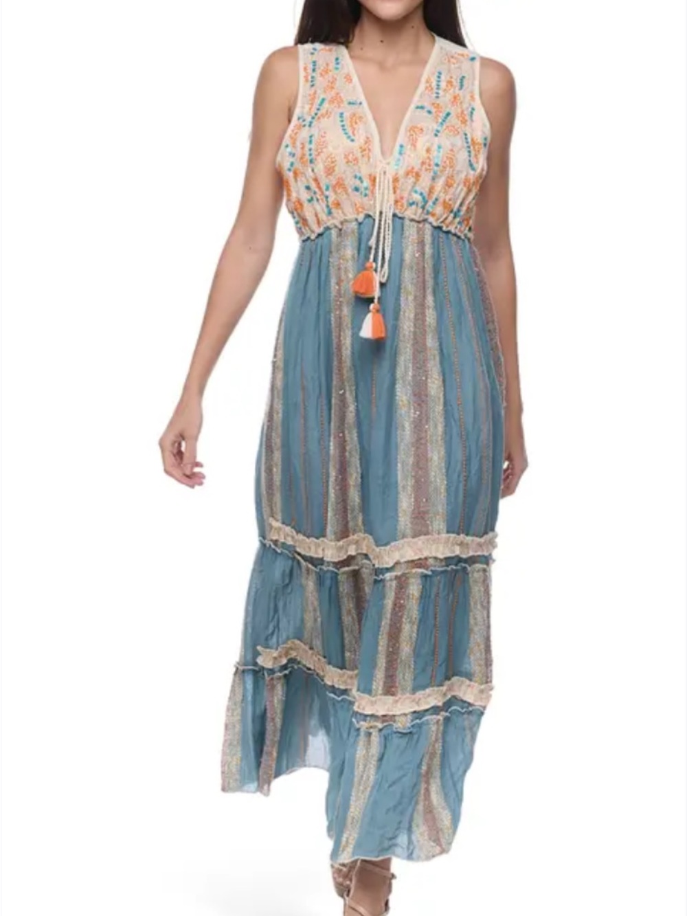 Rangers Sleeveless V-Neck Tassel Maxi boho Dress in Blue and Cream